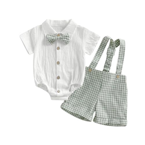 Nibbcoa Baby Boy Clothes Set Infant Bow Tie Button Down Shirt Bodysuit Top Striped/Plaid Shorts 2Pcs Summer Outfit