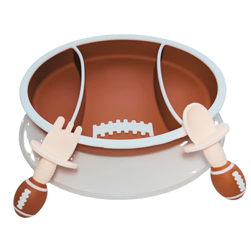 Baby Tableware American Football | Baby Feeding Essentials| Fork and Spoon set| Silicone Food grade| BPA Free| Toddler Plates| Flag football |Footballs| Baby Plates with Suction| Kids Food containers.