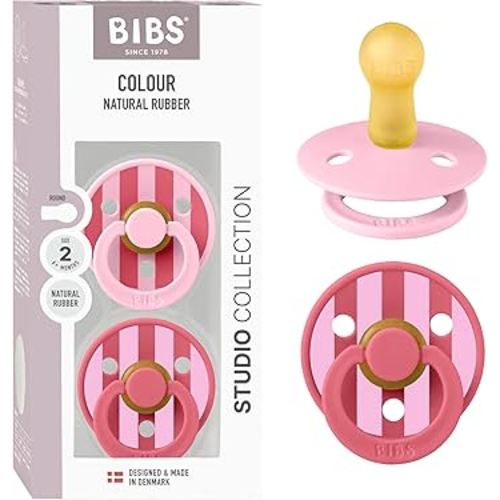BIBS Pacifiers - Studio 2 Pack | Round Nipple Baby Pacifier | BPA Free Natural Rubber Latex Soother | Made in Denmark | Size 6+ Months | Block Baby Pink Coral