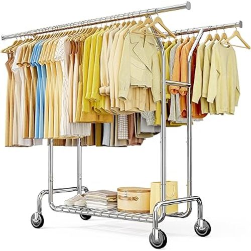 Raybee Heavy Duty Clothes Rack Load 630 LBS, Double Rods Rolling Clothing Rack with 360° Lockable Wheels, Easy Assembly, Portable Adjustable Garment Rack with Shelves for Home & Commercial, Chrome