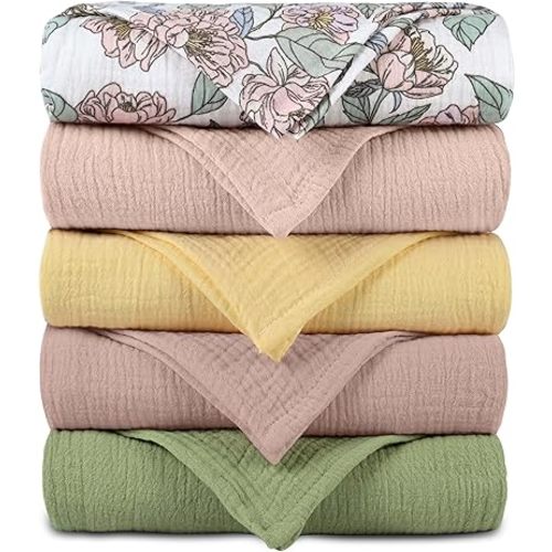 Muslin Receiving Blankets, Neutral Blanket Swaddling for Newborn Boys and Girls, 5 Pack Breathable and Skin-Friendly Swaddle Wrap for Infant Baby (Bright Leaves)