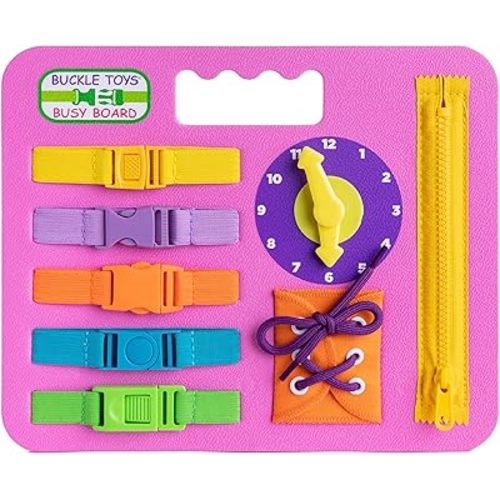 Buckle Toys Busy Board - Montessori Learning Toy for Toddlers Great Kids Road Trip Essentials - Foam Sensory Board - Develop Fine Motor Skills - Pink
