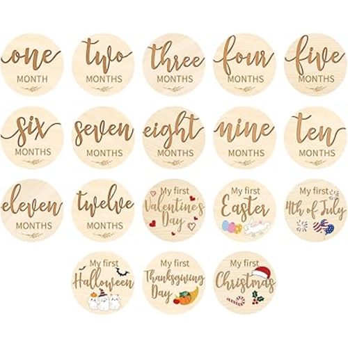 Capoda 18 Pcs Baby Monthly Milestone Cards My First Holiday Milestone Signs 1-12 Months Holiday Wooden Circles Announcement Discs for Boy Girl Photography Photo Baby Shower Newborn Keepsake Gift