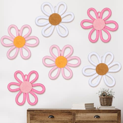 Zeyune 6 Pcs Boho Nursery Daisy Flower Wall Art Decor Woven Macrame Wall Pediments Boho Daisy Floral Nursery Art Decor for Home Bedroom Decorations(Cute,Yarn and Cotton Rope)