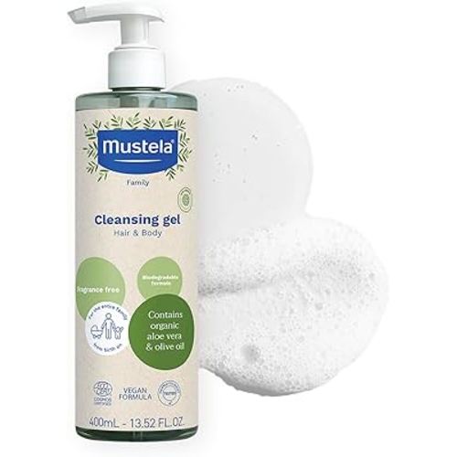 Mustela Certified Organic Cleansing Gel - Natural Hair & Body Wash with Olive Oil & Aloe Vera - For Baby, Kid & Adult - Fragrance Free, Tear Free, Vegan & Biodegradable - 13.52 fl. oz.