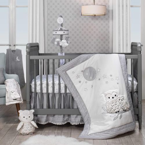 Lambs & Ivy Luna White/Gray Celestial Owl 4-Piece Nursery Baby Crib Bedding Set (740004V)