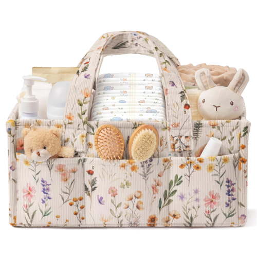 Corduroy Baby Diaper Caddy Organizer, Portable Nursery Storage Basket with 5 Removable Dividers, Large Diaper Organizer for Newborn Nursery Essentials, Baby Shower Gift, Wildflower Floral