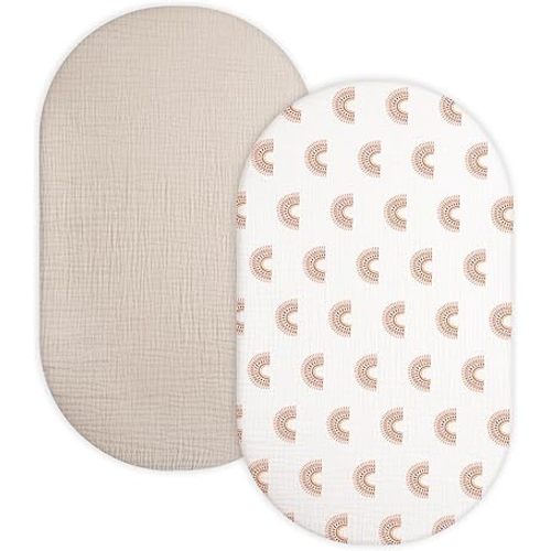 Bassinet Sheet for Baby Boy and Girl 2 Pack, Fitted Sheets for Rectangle, Oval, Hourglass Bassinet Mattress, Muslin Moses Basket Sheets with Neutral Style (Beige & Rainbow)