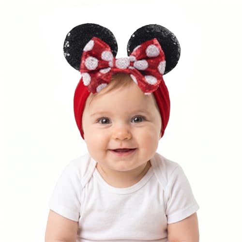 Baby Girl Mouse Ears Headwrap with Sequin Polka Dot Bow, Velvet Turban Hairband, Hair Bow Headband for Toddler, Kids, Party Supplies