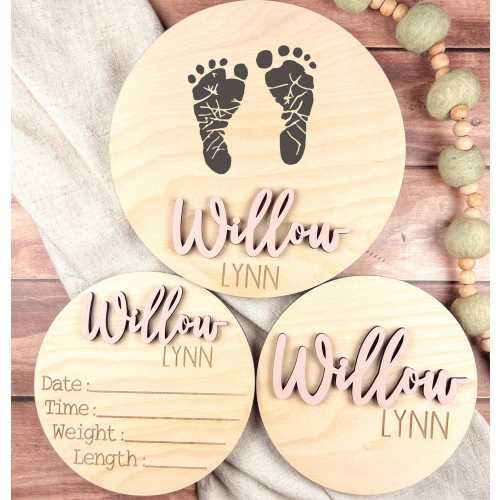 Personalized Baby Announcement Sign for Nursery or Hospital, Newborn Baby Name and Footprint Sign, Custom Wood Name Sign Bundle, Baby Shower