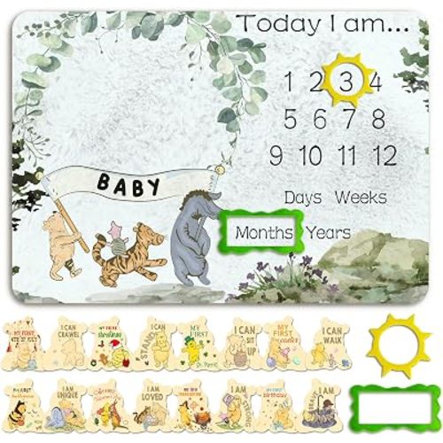 Winnie Baby Milestone Blanket, Winnie Newborn Month Blankets for Babies, Newborn Photography Background Decor, Perfect for Baby Shower Birthday Party