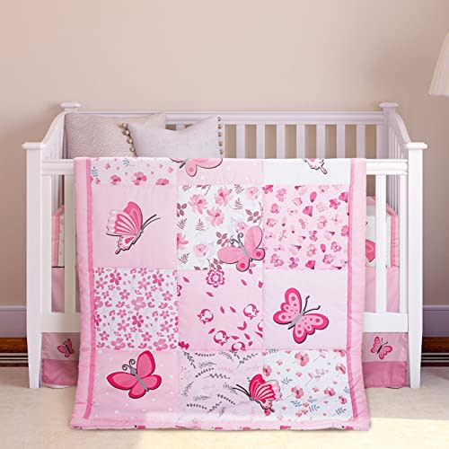 Tudomro 3 Pieces Butterfly Baby Crib Bedding Set for Girls, Pink | Standard Size, with Comforter Fitted Sheet Crib Skirt, Nursery Collection, Floral Butterfly Theme for Infant Girl Room