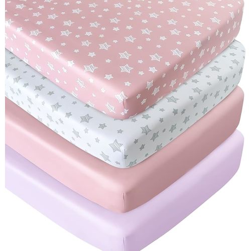 Crib Sheets for Girls 4 Pack, Fitted Crib Sheets for Standard Size Crib and Toddler Mattresses, Soft and Breathable Baby Gift Girl Set, Pink