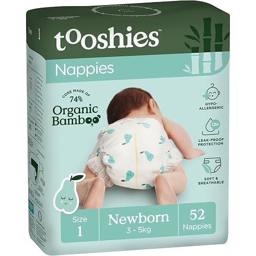 Tooshies Nappies | Size 1 Newborn 3-5kg | Made with Organic Bamboo | 12 hrs leak free | Unisex | Pear Print | 52 count | 1 WEEK SUPPLY