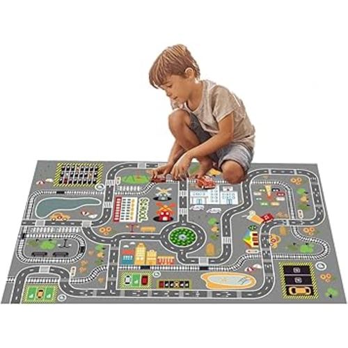 Car Rug Play Mat Great for Playing with Cars and Toys, Kid Playroom Carpet with Rubber Backing, Game Area for Baby Toddler Kid Child Educational Learn Road Traffic in Bedroom, Classroom