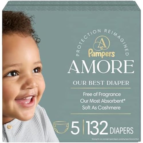 Pampers Amore, Size 5 (20-37 lbs), 132 Count, Our Best Diaper – Hypoallergenic & Fragrance Free, Up to 100% Leakproof, Soft as Cashmere