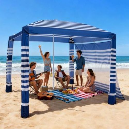 8 x 8 ft Beach Cabana Canopy with Side Wall and Sand Pockets, UPF 50+ Sun Shelter Navy and White