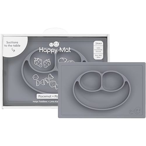 ezpz Happy Mat (Gray) - 24 Months+ - 100% Silicone Suction Placemat + Divided Plate with Three Compartments - Toddler + Preschool Essentials