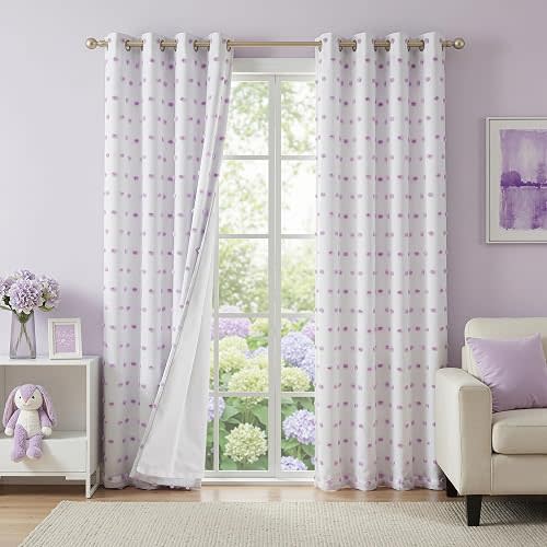 MEETSKY 100% Blackout Curtains for Girls Bedroom 84 Inch Length 2 Panels,Total Light Blocking White and Purple Curtains for Kids Room,Grommet Room Darkening Window Drapes with Pom Pom Sheer 52W x 84L