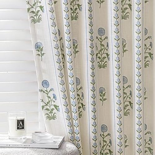 Floral Pinch Pleated Linen Curtains for Living Room Bedroom Dining Room Farmhouse, Light Filtering Memory Trained Luxury Pleat Drapes with Hooks, Blue & Beige White, 40" W x 84" L, 2 Panels