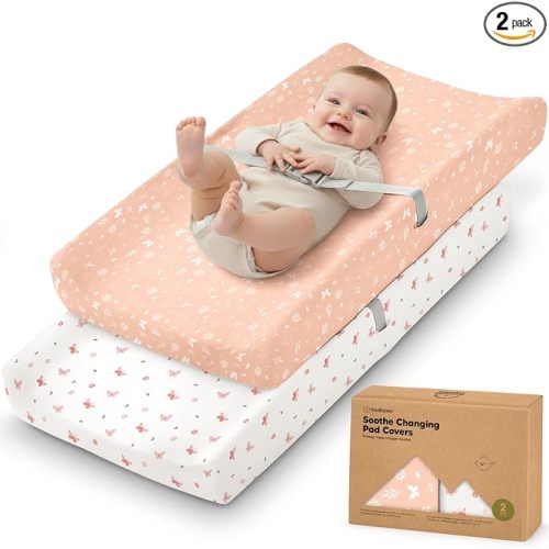 2-Pack Organic Changing Pad Covers for Girl,Boy, Neutral - 100% Cotton Changing Table Pad Cover,Soft Baby Nursery Diaper Changing Pad Sheets,Contour Changing Pads Liners,Change Pad Cover (Butterflies)