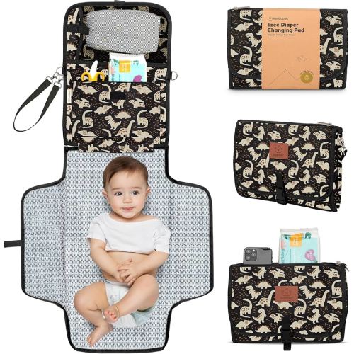KeaBabies Portable Diaper Changing Pad - Large Waterproof Baby Changing Mat, Compact Travel Diaper Clutch, Functional Pockets Fit Newborn Essentials, Wipeable & Padded Baby Changer (Dino Ridge)