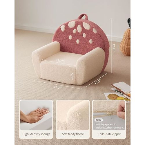 Blissful Diary Toddler Chair Comfy, Foam Kids Chair with Soft Teddy Plush, Toddler Reading Chair with Cute Mushroom Designs- Rusty Red