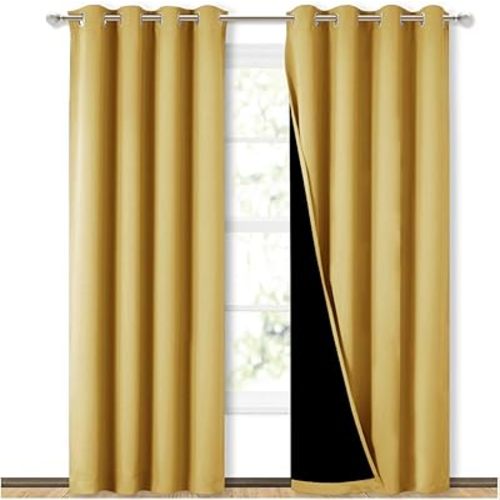 NICETOWN 100% Blackout Window Curtain Panels, Heat and Cold Blocking Drapes with Black Liner for Nursery, 84 inches Drop Thermal Insulated Draperies (Yellow, 2 Pieces, 52 inches Wide Each Panel)