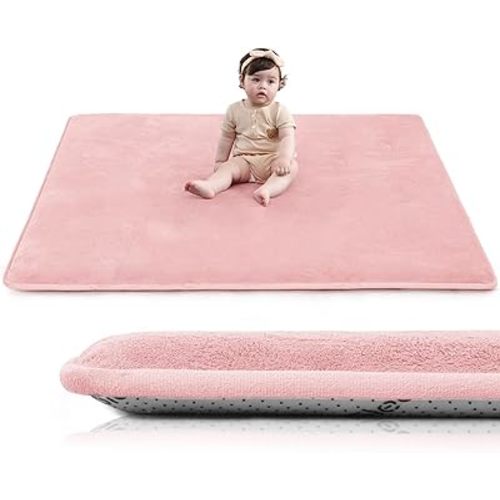 Huloo Sleep Baby Play Mat for Floor,1.3" Thick Elasti-Foam 47"×47" Playpen Mat for Tummy Time,Water Repellent Soft Coral Velvet for Toddler,Infant,Kids,Non-Slip Backing Safe for Crawling（Pink）