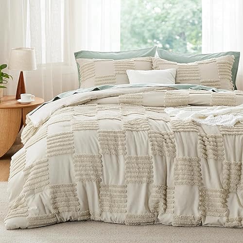 Bedsure Queen Size Comforter Set Linen, Boho Tufted Bed Set, Grande Checkered Farmhouse Shabby Chic Bedding, 3 Pieces, 1 Plaid Geometric Comforter and 2 Pillow Shams