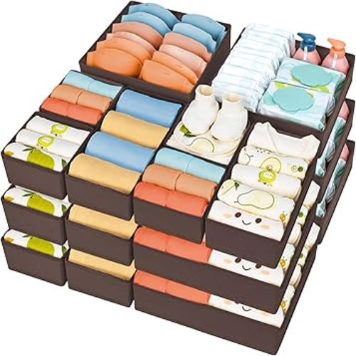 DIMJ Drawer Organizer 15 Pack - Foldable Baby Organizers and Storage & Dresser Organizer for Nursery, Bedroom, Closet - Nursery Organization Dresser Dividers for underwear, Sock, Bra, Belt, Tie, Brown