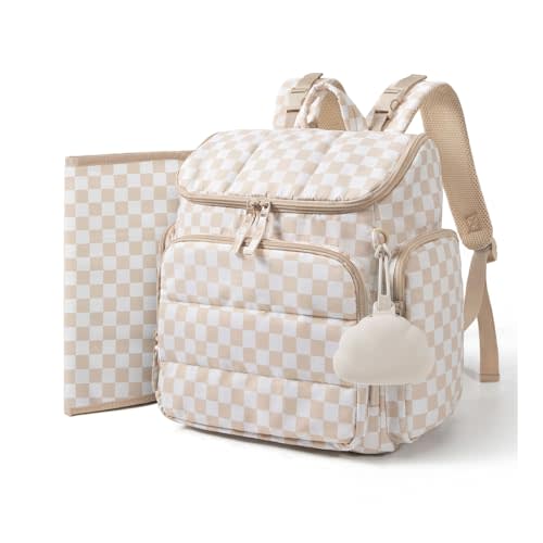 mommore Diaper Bag Backpack, Baby Bag with Waterproof Changing Pad and Stroller Straps for Toddler, Diaper Backpack for Mom Dads with Insulated Pockets & Pacifier Case, Baby Essential, Checkered Khaki