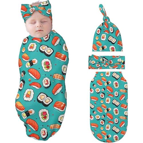 Sushi Swaddle Blankets Newborn Receiving Blanket Baby Swaddle Wrap with Headband Hat Set for Baby Girls Boys