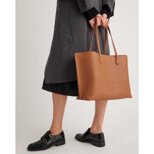 Italian Leather Triple Compartment Shopper Tote in Cognac