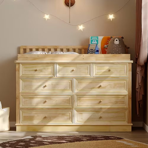 Homsee Light Pine 100% Solid Wood Changing Table Dresser with Removable Changing Tray, Anti-Tip Kit, 9-Drawer, Nursery Storage Z-HS330182-01