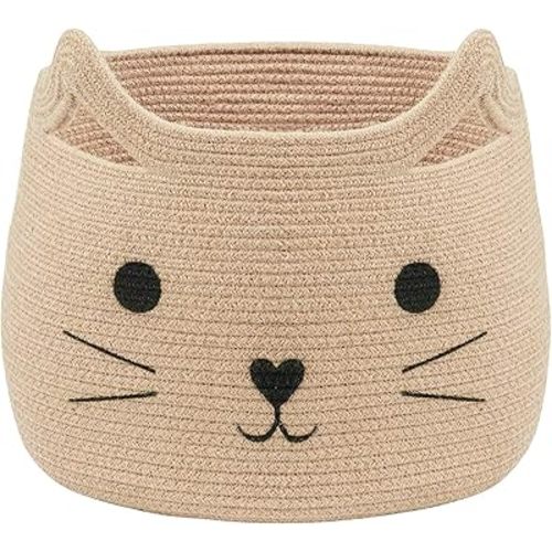 VK VK·LIVING Animal Baskets Large Woven Cotton Rope Storage with Cute Cat Design Laundry Organizer for Towels, Blanket, Toys, Clothes, Gifts – Cat Toy Box Pet or Baby Gift Baskets 15"Lx14H"