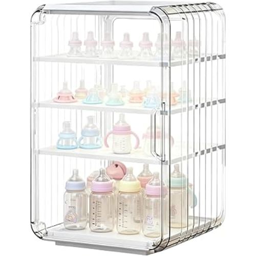 Baby Bottle Organizer 15" x 10inch 4-Tier Clear Acrylic Baby Bottle Storage Organizer for Countertop & Cabinet Drainable Bottles Storage Station Container for Nipples Food Jars Pump Parts