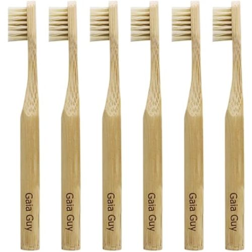 Gaia Guy Natural Bristle Bamboo Toothbrush for Kids (NO Nylon - Boar Hair ONLY) - Totally Compostable & Biodegradable Boar Bristle and Bamboo Toothbrushes - Zero Waste - 6-Pack