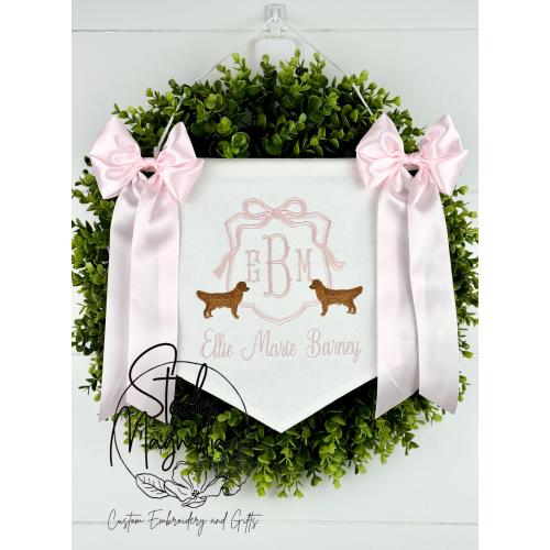 Pink Bow Golden Retriever Embroidered Baby Banner Girl Nursery Decor Personalized Baby Name Sign Custom Name Keepsake Baby Shower Girl Gift