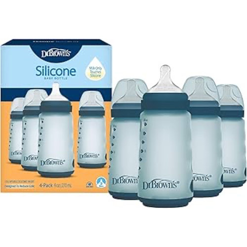 Dr. Brown's Silicone Baby Bottle, 9 oz, Level 2 Nipple, 3m+, Blue, 4-Pack