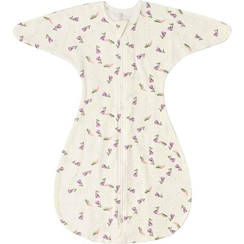 ZIGJOY Shark-Fin Transition Swaddle - 1.0 Tog Baby Sleep Sack 6-12 Months Soft Cotton Transitional Baby Wearable Blanket with 2-Way Zipper for All Seasons, Purple Flower, Large