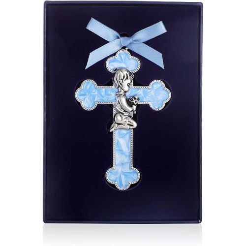 KOMI Baptism Gifts for Boys Blue Enamel Baby Wall Cross Christening Praying Boy Cross Christening and Dedication Baptismal Gifts from Godparents