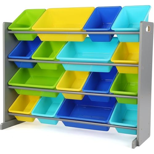 Humble Crew Toy Storage Organizer with 16 Removable Storage Bins for Kids Playroom, 4-Tier Toddler Toy Organization and Storage, Grey/Blue/Green/Yellow