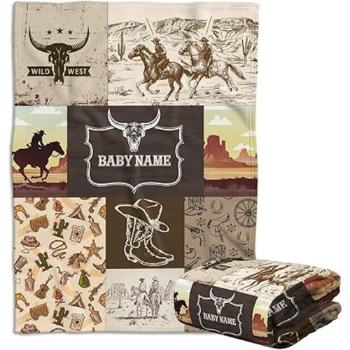 Baby Western Blanket, Personalized Baby Blankets for Boys, Cowboy Blanket for Boys Girls, Custom Baby Name Plush Blanket, 3 Sizes Fleece Blankets for Son Daughter Infant Newborn