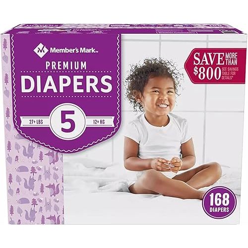 Member's Mark Premium Baby Diapers Size 5 (27+ Pounds), 168 Count