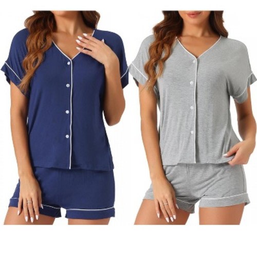 cheibear Women's Modal Button Up Short Sleeve T-shirt and Shorts Pajama Sets 2 Pcs Light Gray/Navy Blue Small