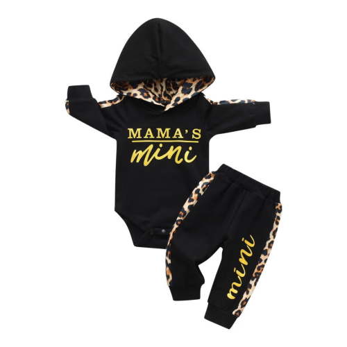 Newborn Infant Baby Girl Clothes Long Sleeve Letter Romper Hooded Pants Outfits Set Black 6-9 Months