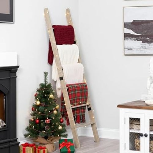 Blanket Ladder for Living Room and Bedroom, 5ft 8 inch, 6-Tier Wall Leaning Laminate No-Snag Construction (Smokey Oak) Rustic Decorative Farmhouse Blanket Storage, Quilt Rack, Ladder Shelf