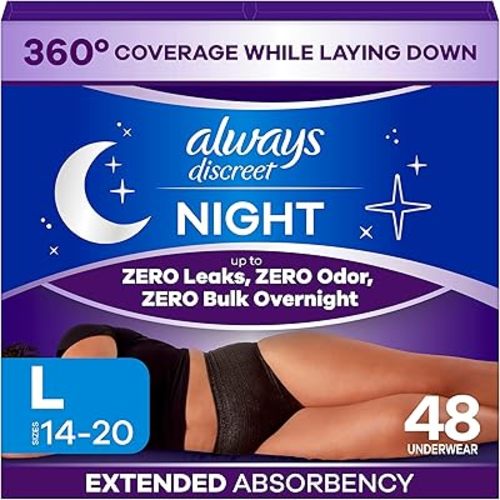 Always Discreet Night, Reimagined Adult Diapers for Women, Extended Overnight Absorbency Incontinence and Postpartum Underwear Size L, 360 Degree Coverage While Laying Down, 48 Count​