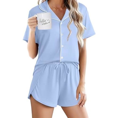 Ekouaer Pajamas for Women Set Button Up Sleepwear 2 Piece Pjs Lounge Set Short Sleeve Nightwear